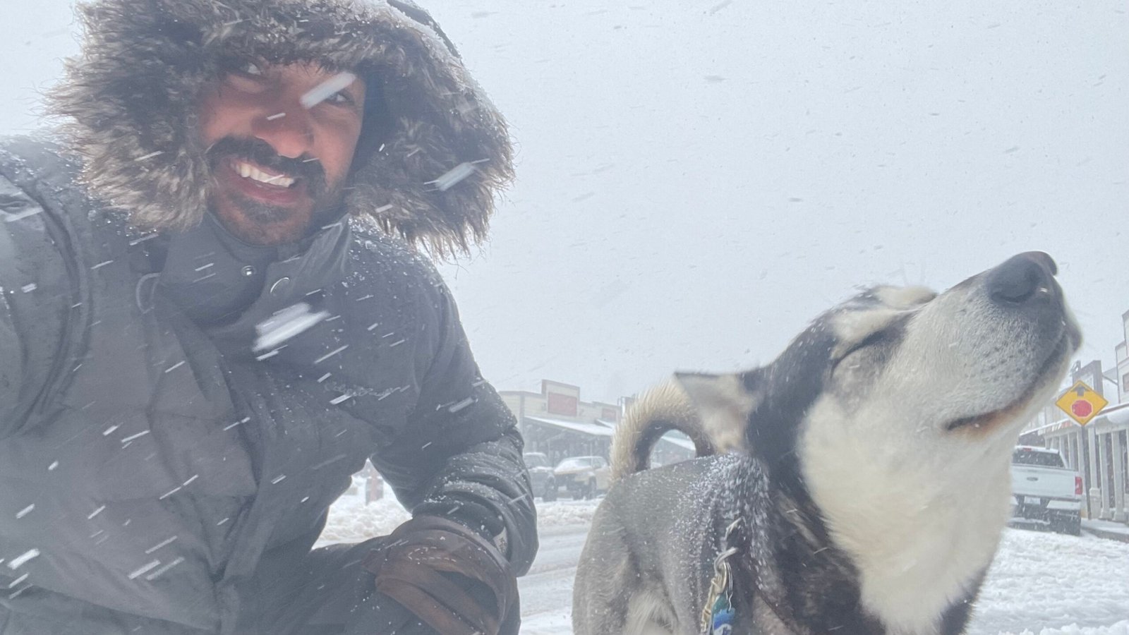 User and their dog, joyfully playing in the snow, embodying happiness and adventure.